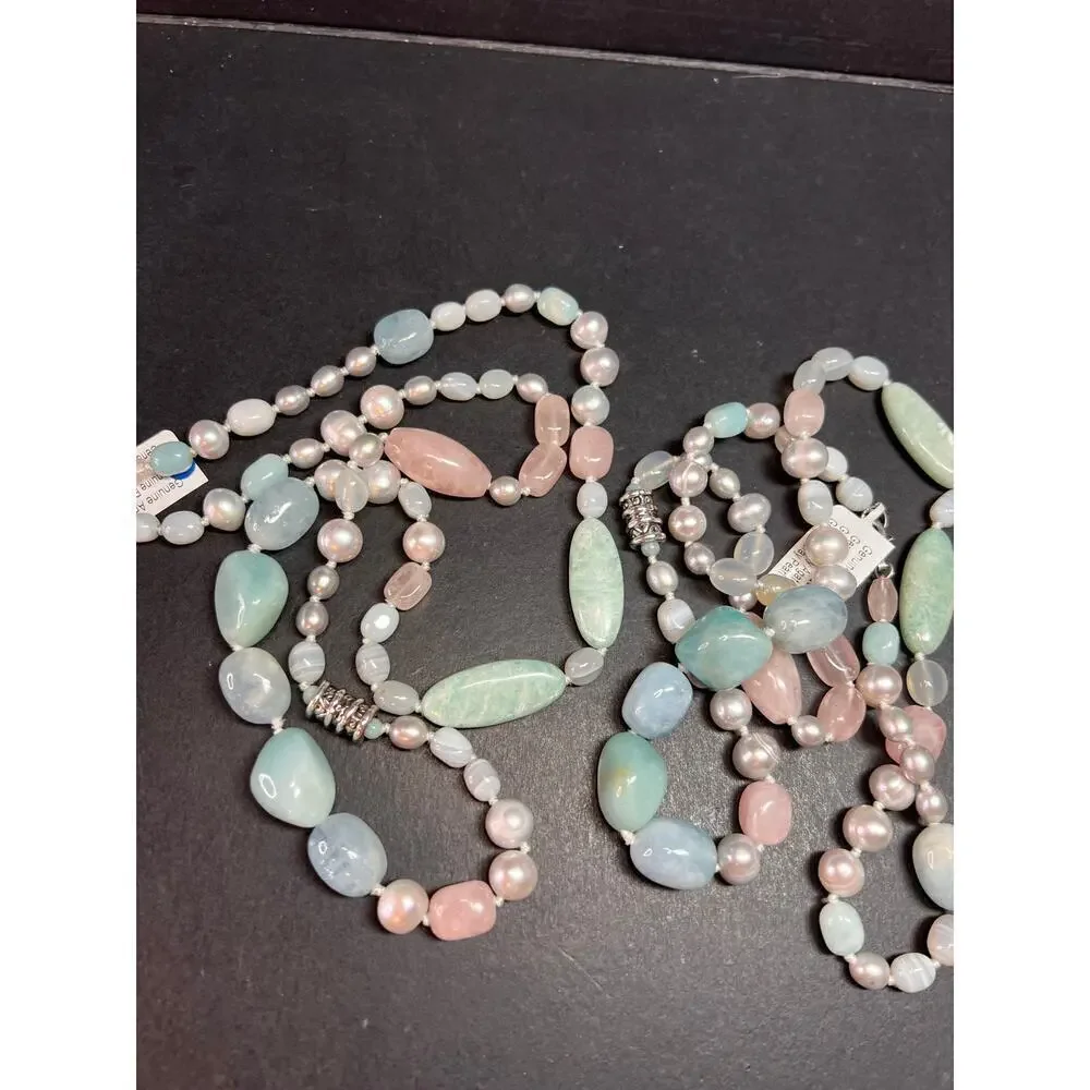 NEW dead stock amazonite , pearl multi stone sterling silver 30 inch necklace